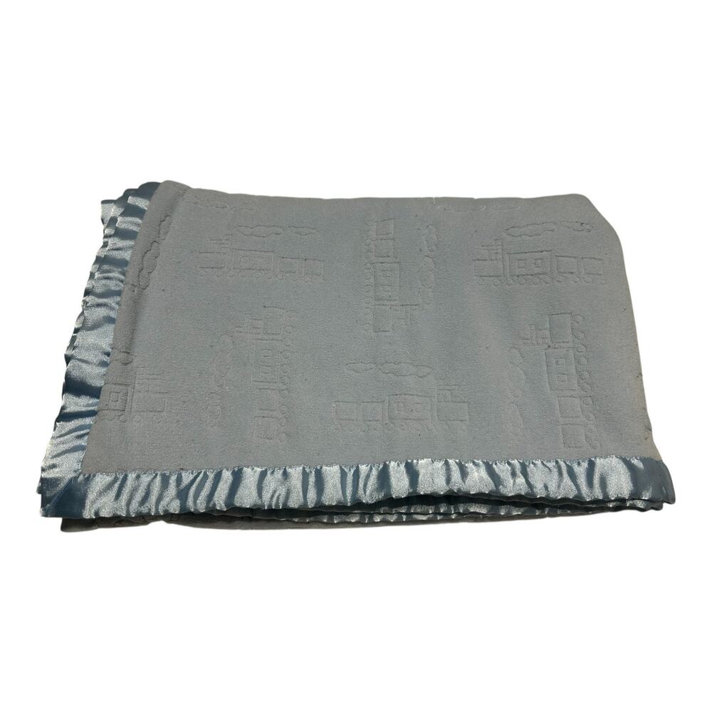 Vintage Carter’s Blue Choo Choo Train Baby Blanket Satin Edge Trim Embossed